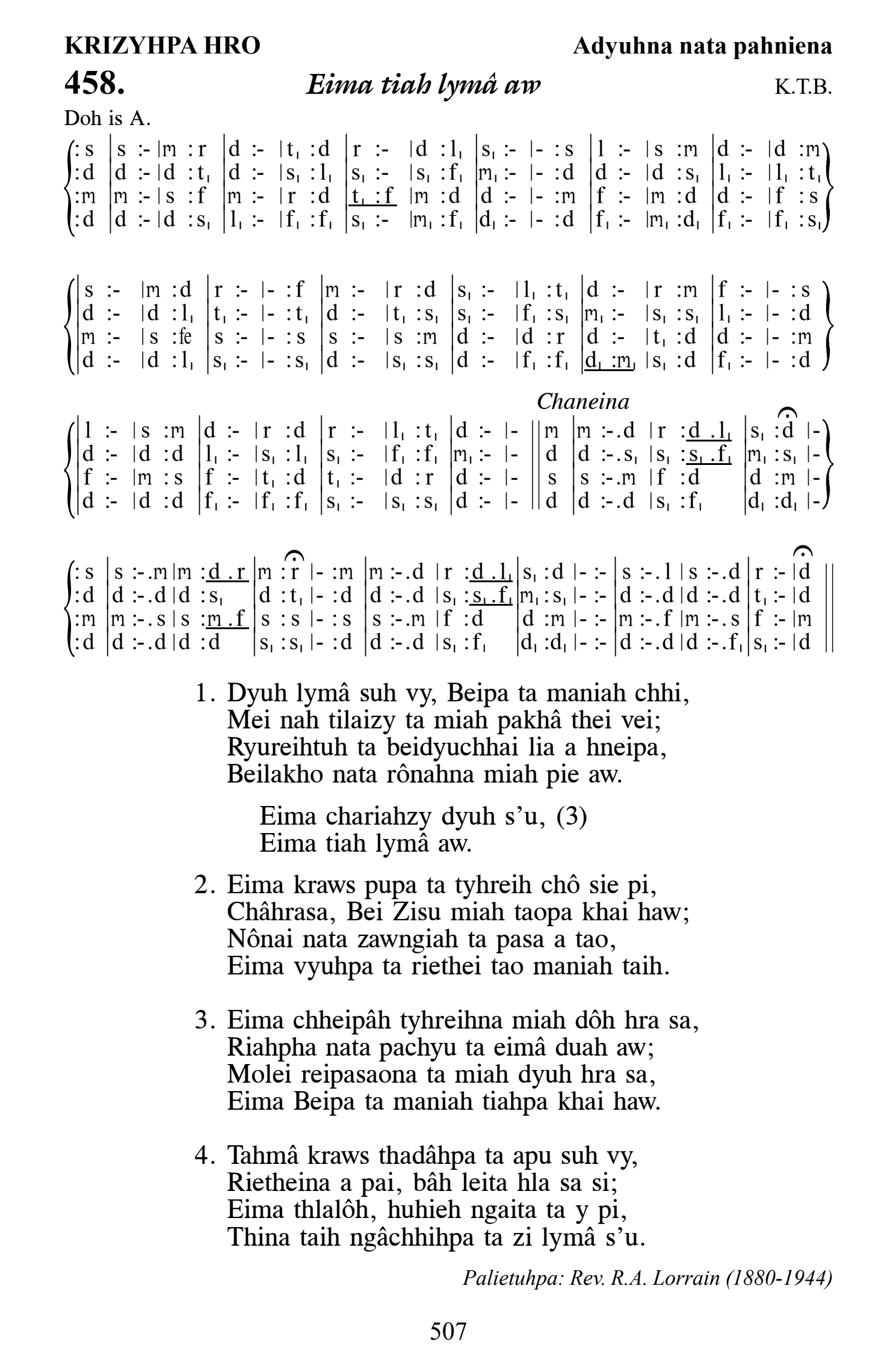 Hymn 458, “Eima tiah lymâ aw”, Edition 13