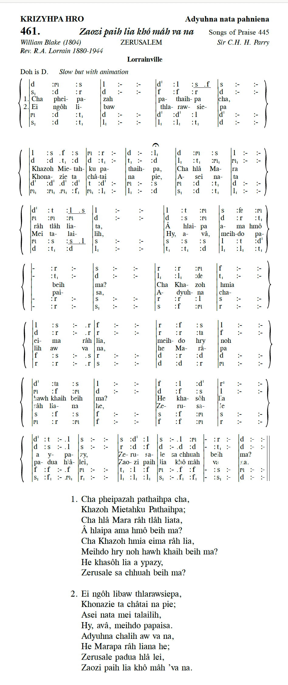 Hymn 461, “Zaozi paih lia khô mâh va na”, Edition 13