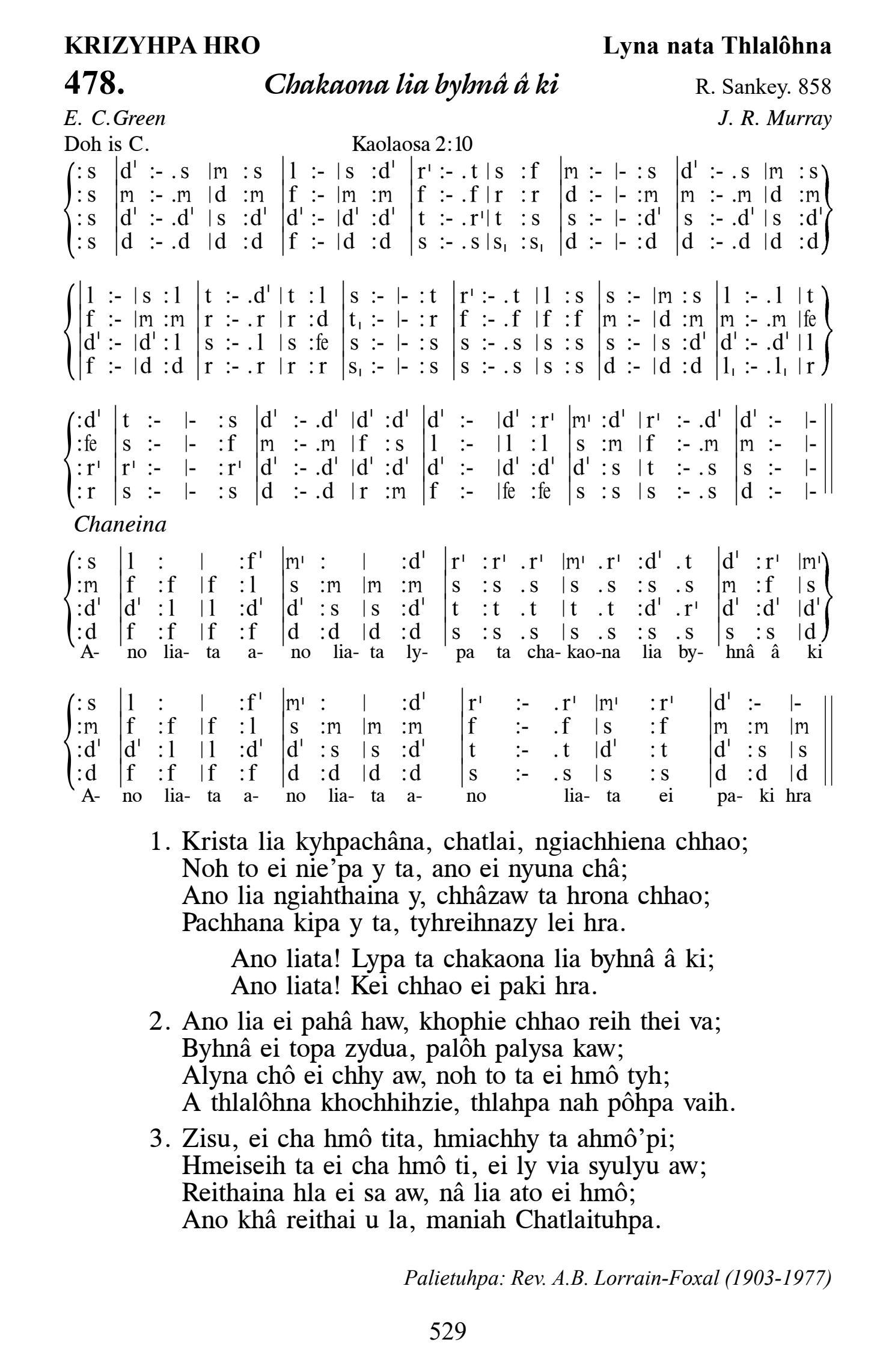 Hymn 478, “Chakaona lia byhnâ â ki”, Edition 13