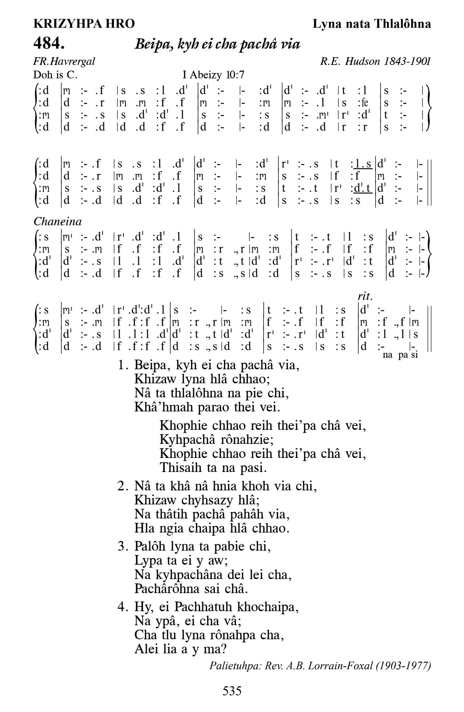Hymn 484, “Beipa, kyh ei cha pachâ via”, Edition 13