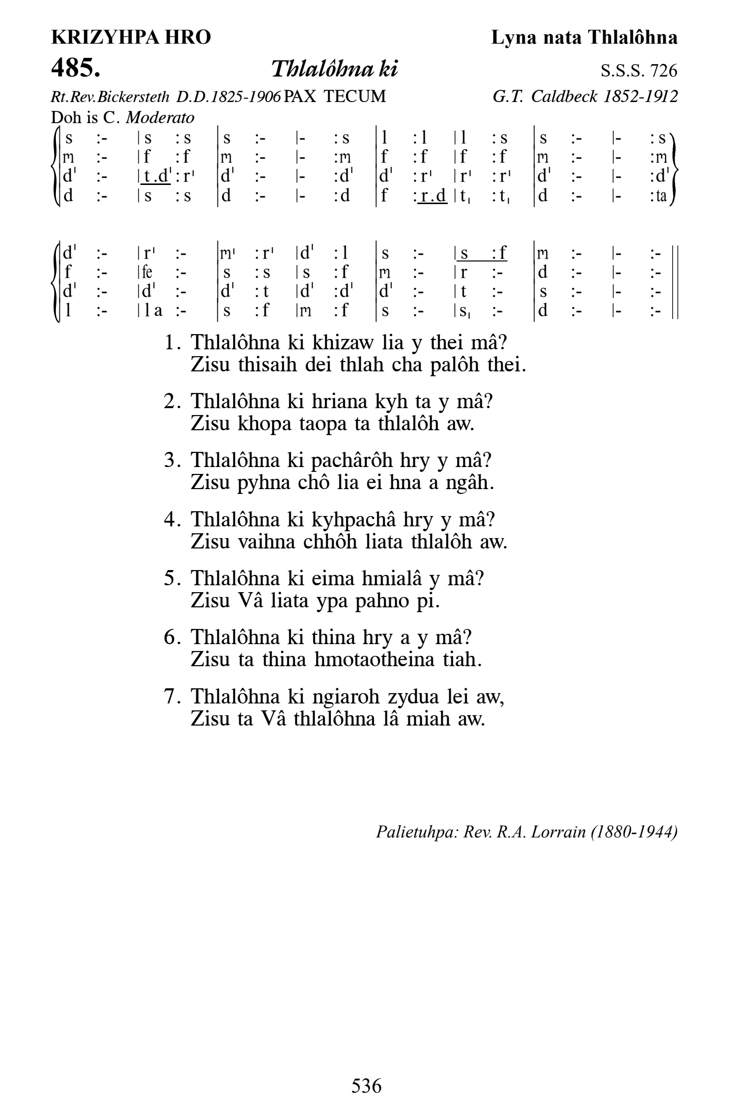 Hymn 485, “Thlalôhna ki”, Edition 13