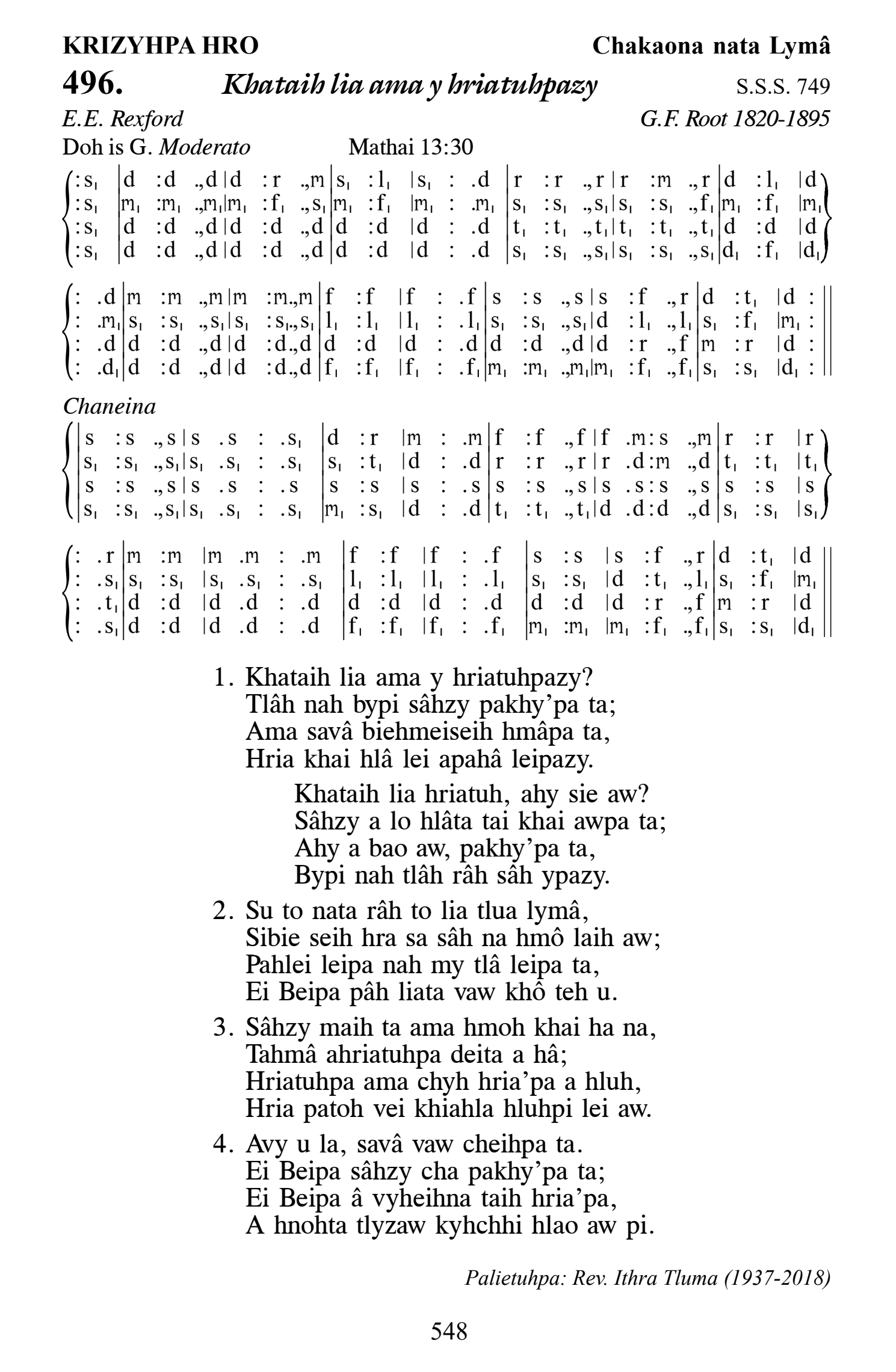 Hymn 496, “Khataih lia ama y hriatuhpazy”, Edition 13