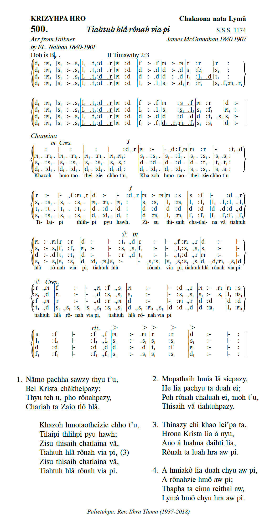 Hymn 500, “Tiahtuh hlâ rônah via pi”, Edition 13