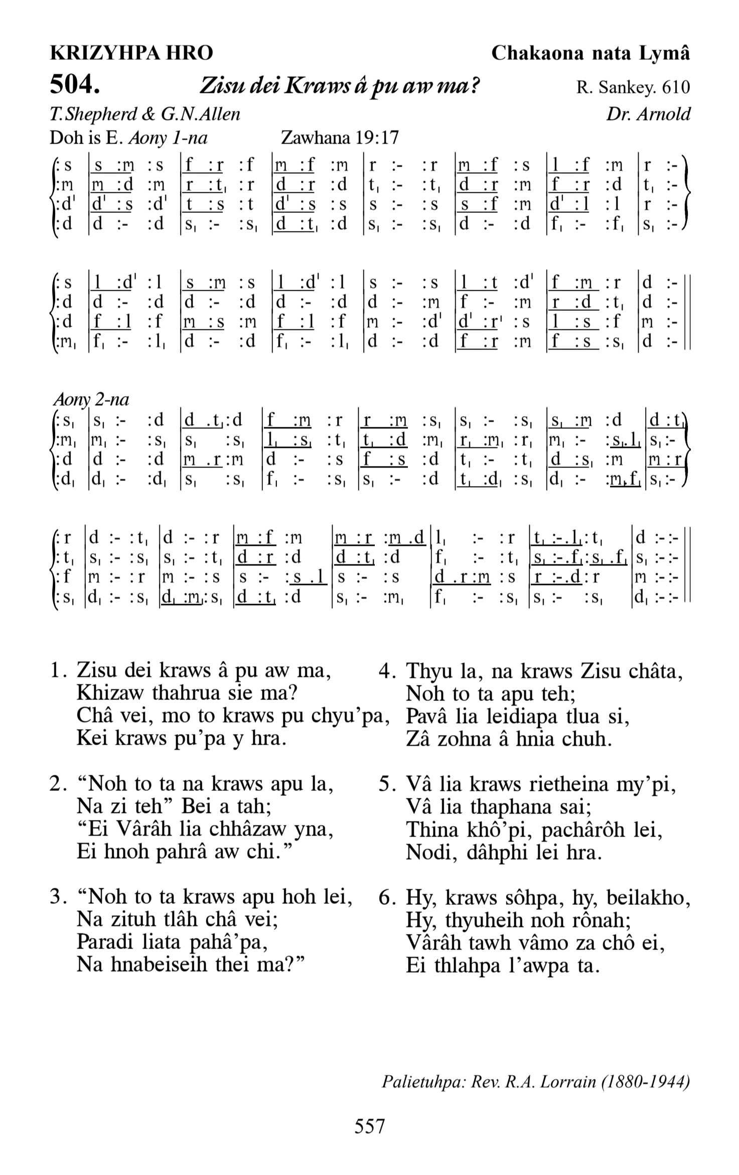 Hymn 504, “Zisu dei Kraws â pu aw ma?”, Edition 13