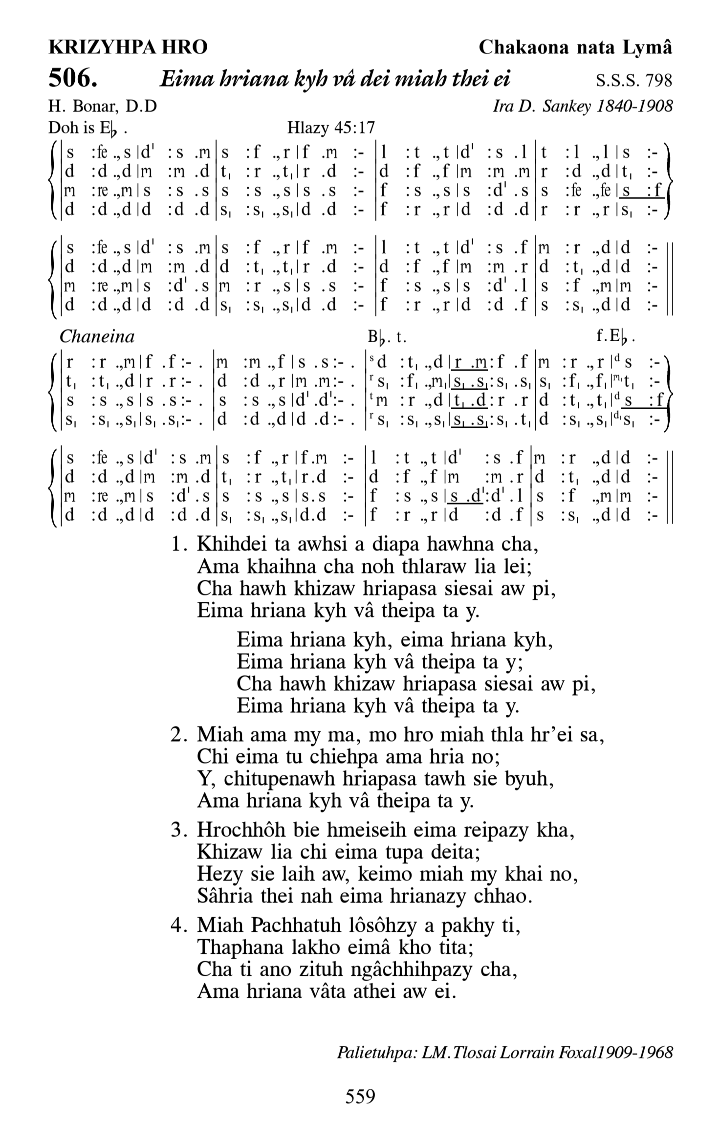 Hymn 506, “Eima hriana kyh vâ dei miah thei ei”, Edition 13
