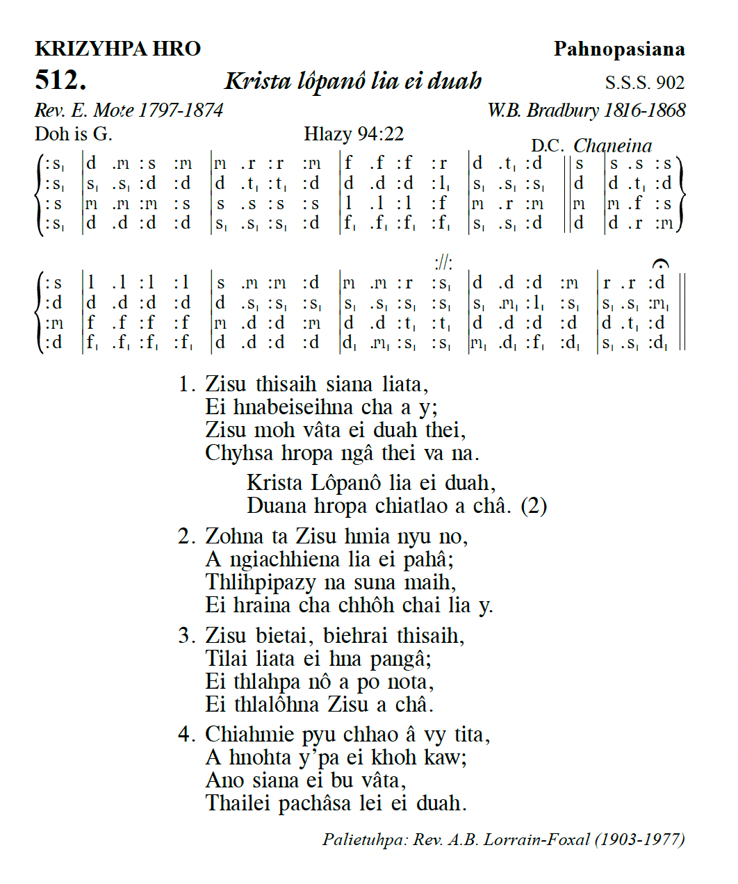 Hymn 512, “Krista lôpanô lia ei duah”, Edition 13