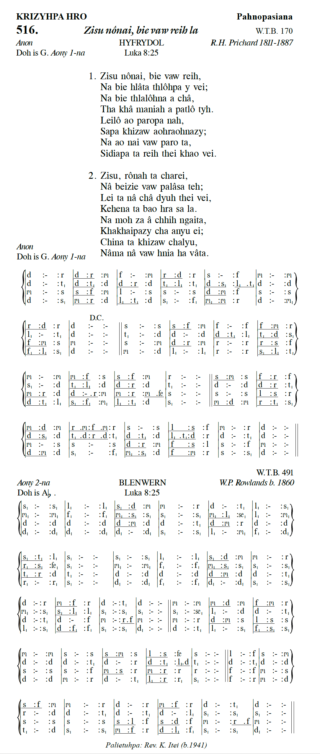 Hymn 516, “Zisu nônai, bie vaw reih la”, Edition 13