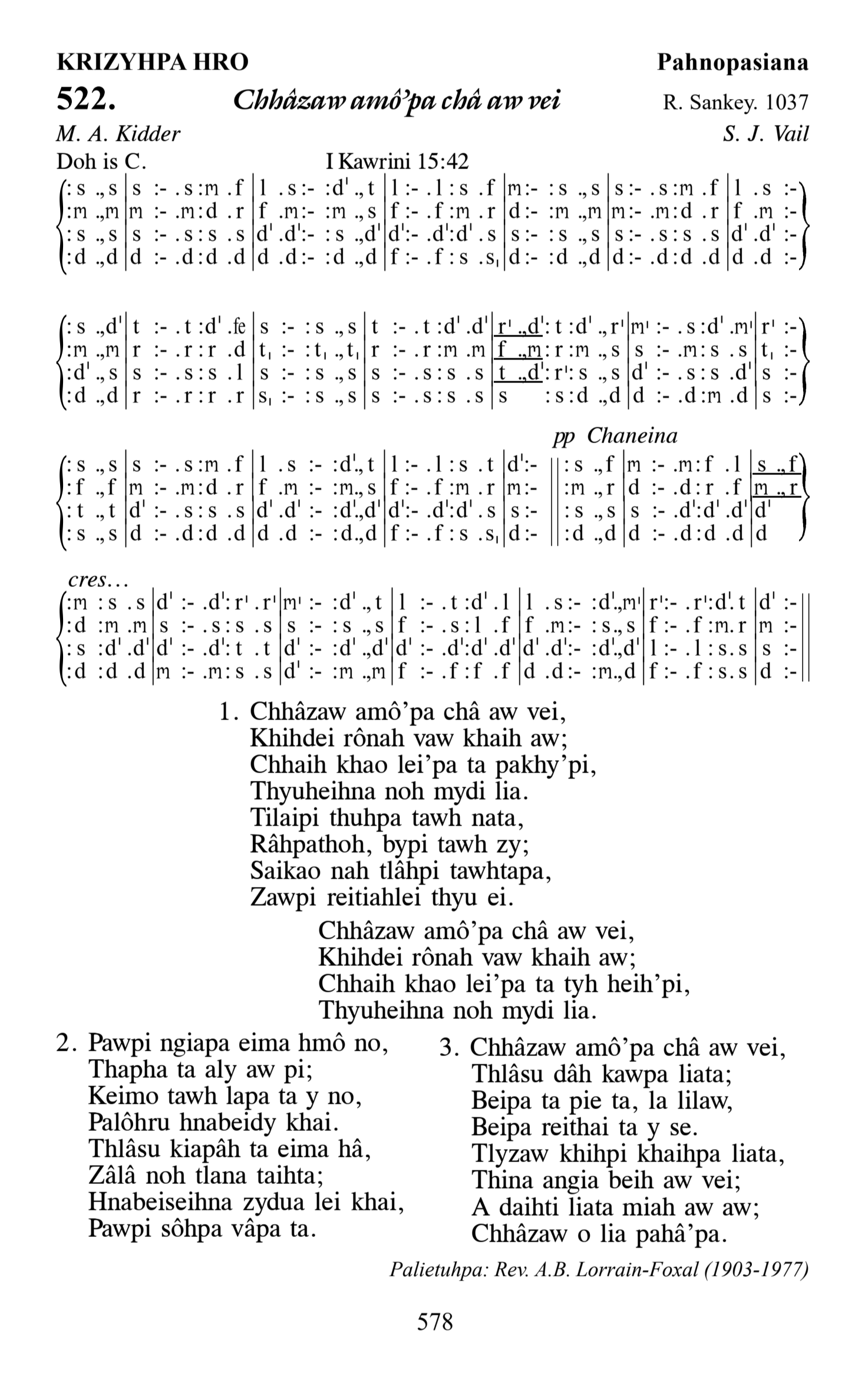 Hymn 522, “Chhâzaw amô'pa châ aw vei”, Edition 13