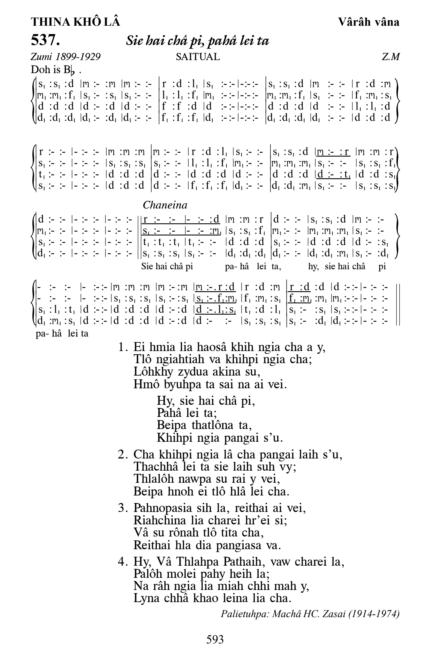 Hymn 537, “Sie hai châ pi, pahâ lei ta”, Edition 13