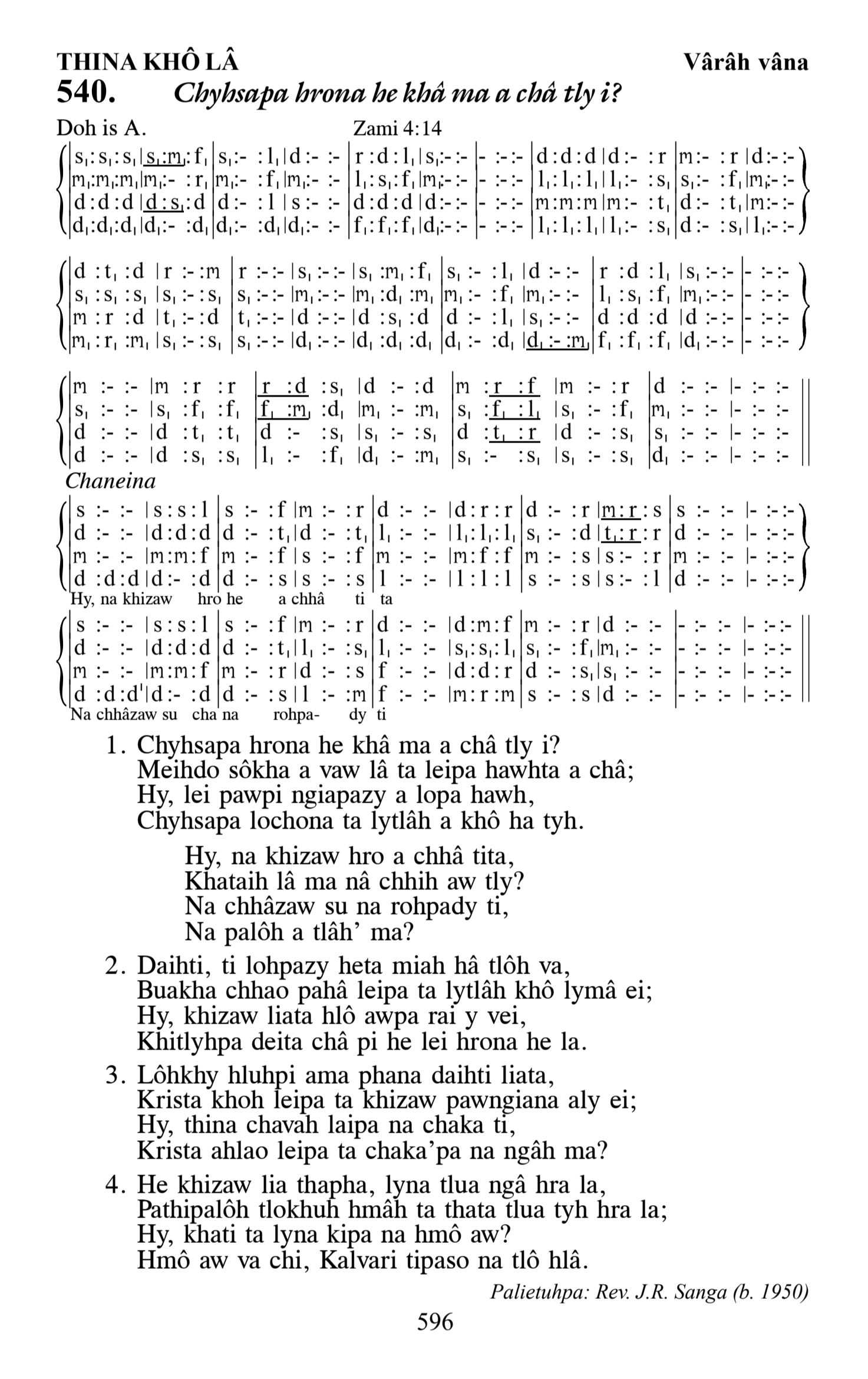 Hymn 540, “Chyhsapa hrona he khâ ma a châ tly i?”, Edition 13