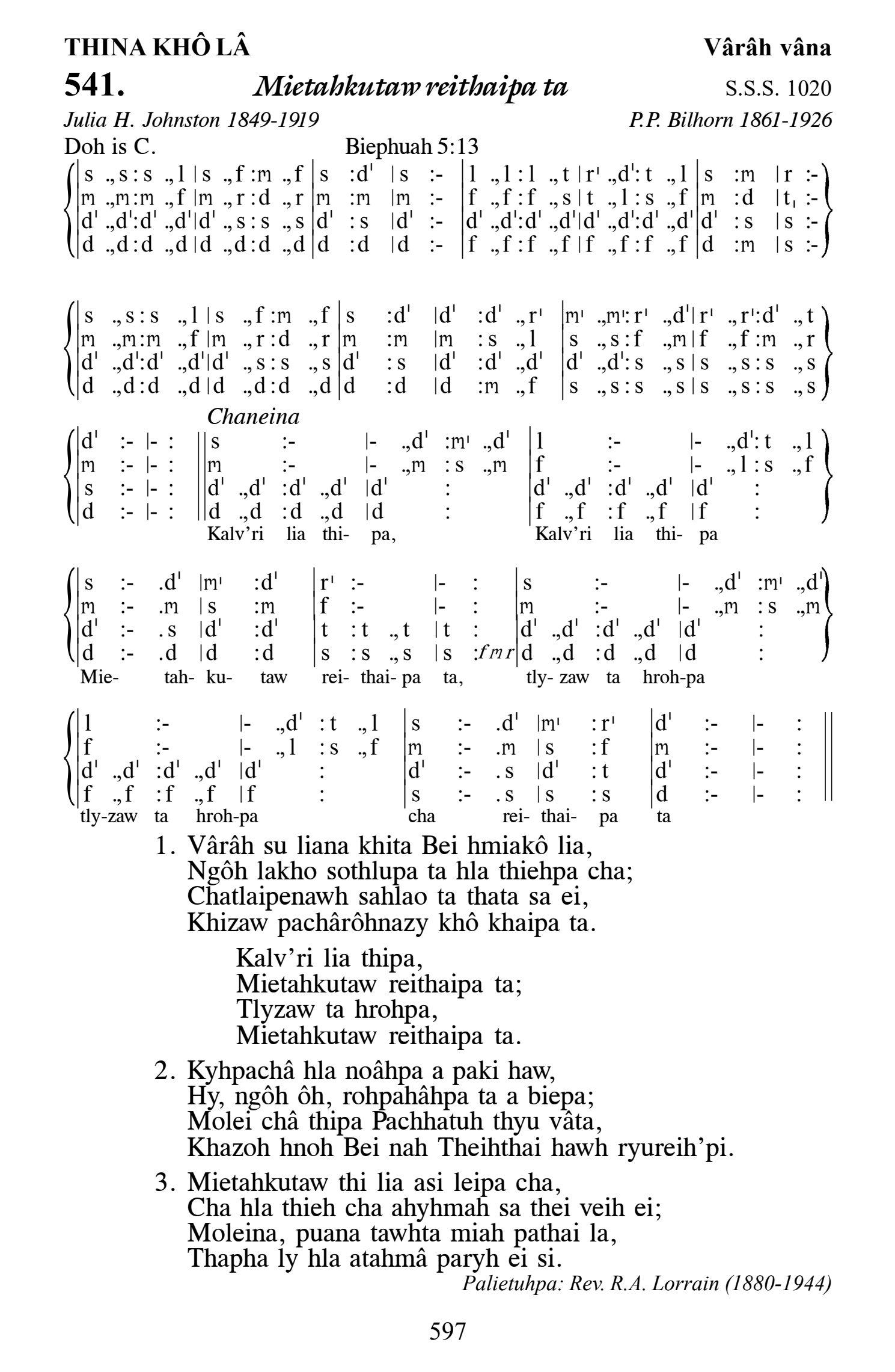 Hymn 541, “Mietahkutaw reithaipa ta”, Edition 13