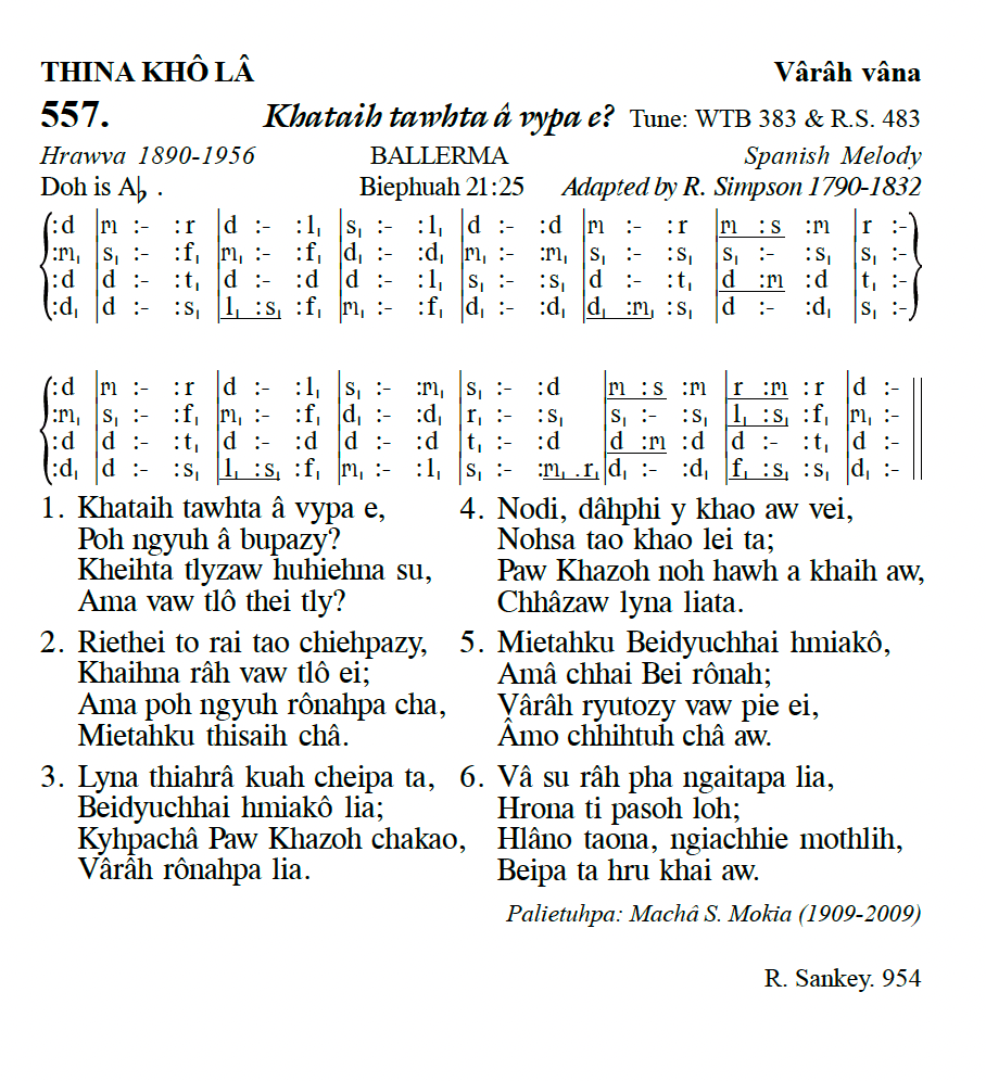 Hymn 557, “Khataih tawhta â vypa e?”, Edition 13