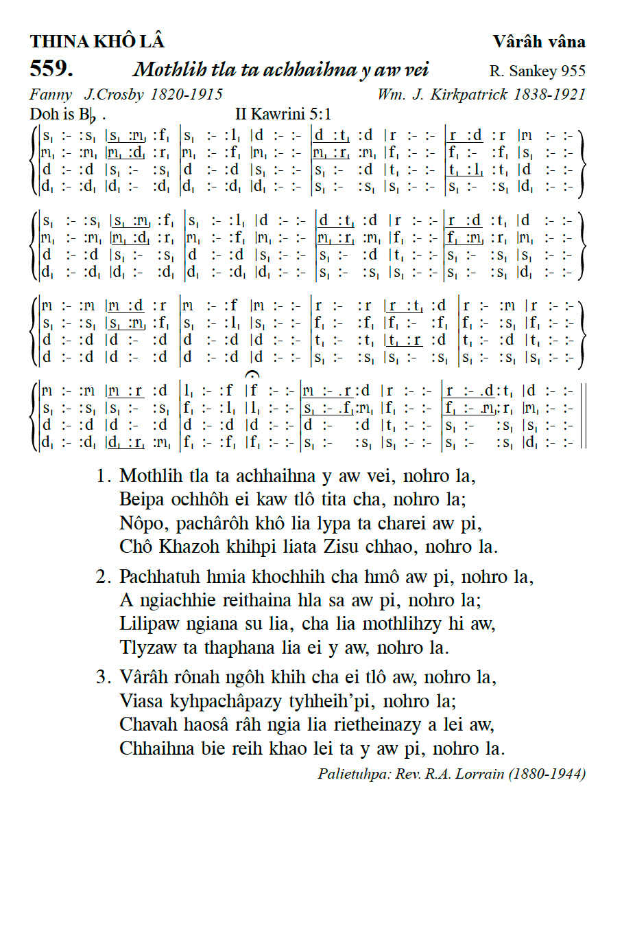 Hymn 559, “Mothlih tla ta achhaihna y aw vei”, Edition 13
