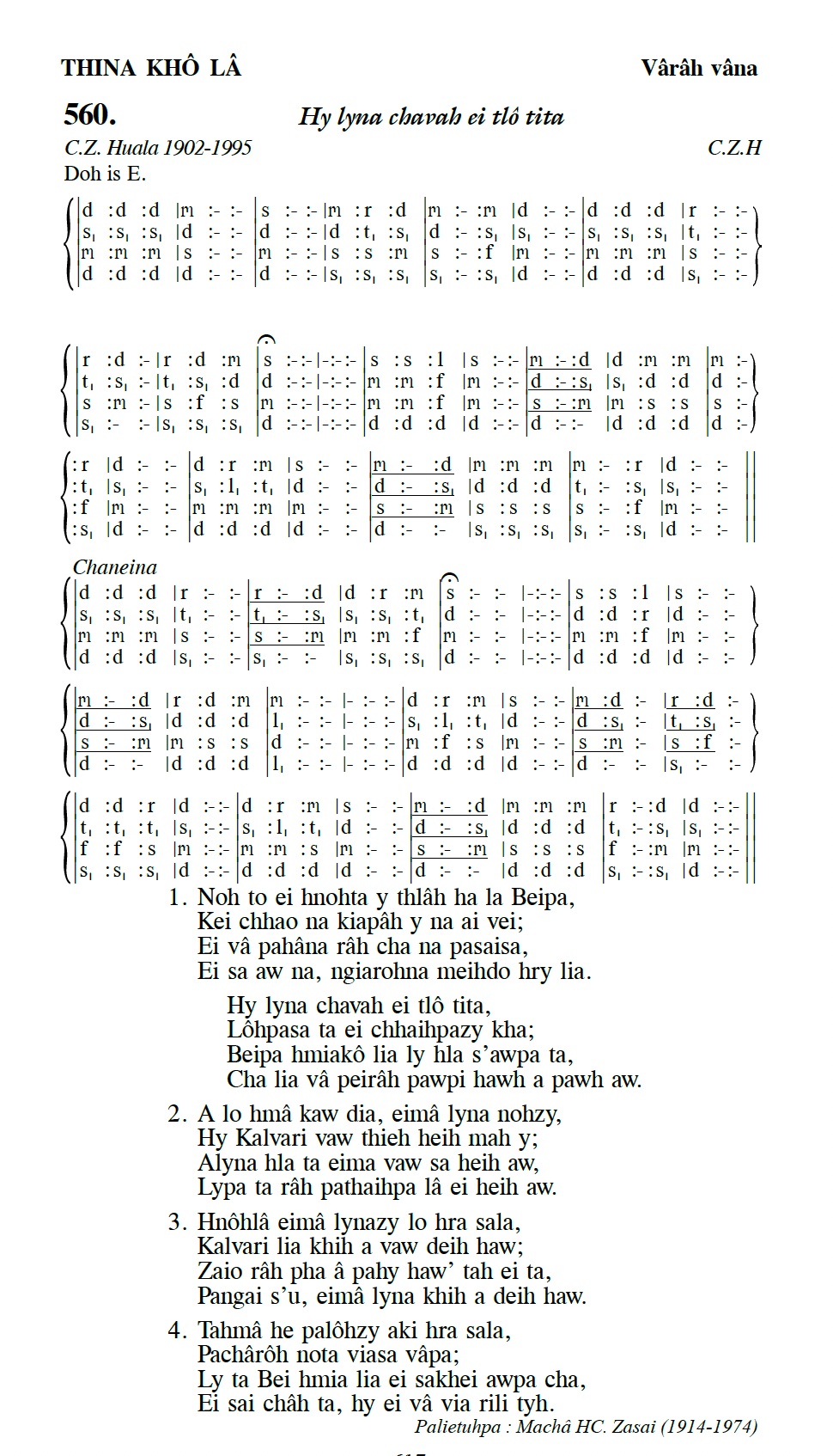 Hymn 560, “Hy lyna chavah ei tlô tita”, Edition 13
