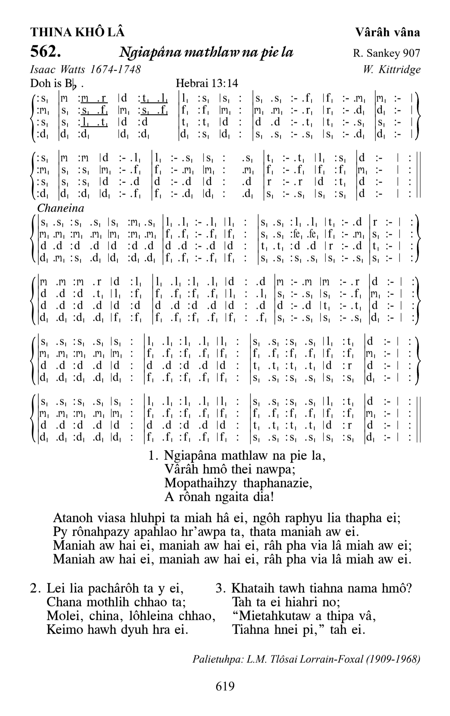 Hymn 562, “Ngiapâna mathlaw na pie la”, Edition 13
