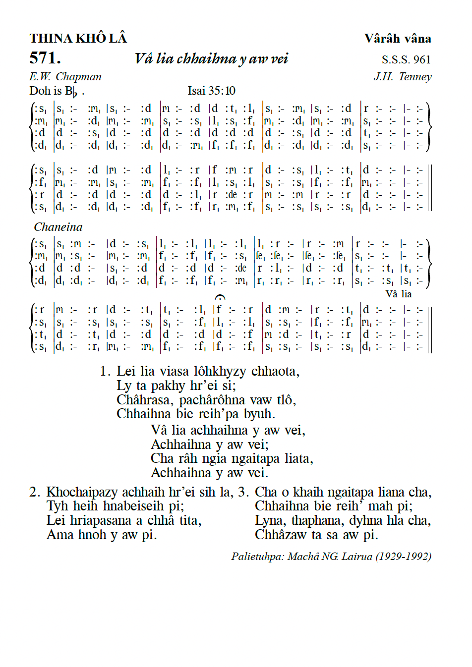 Hymn 571, “Vâ lia chhaihna y aw vei”, Edition 13