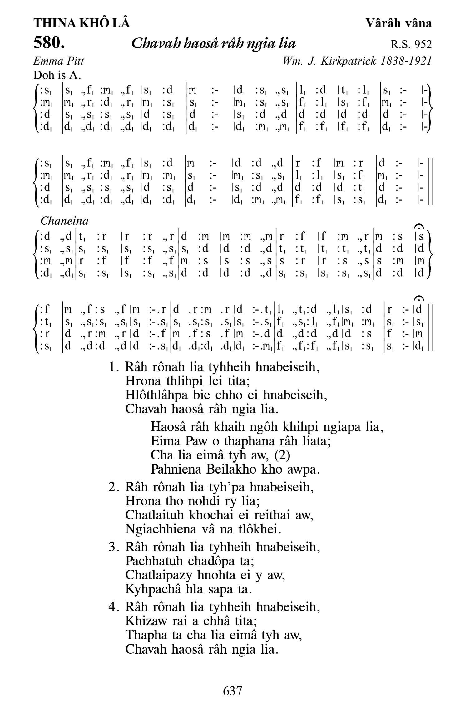 Hymn 580, “Chavah haosâ râh ngia lia”, Edition 13