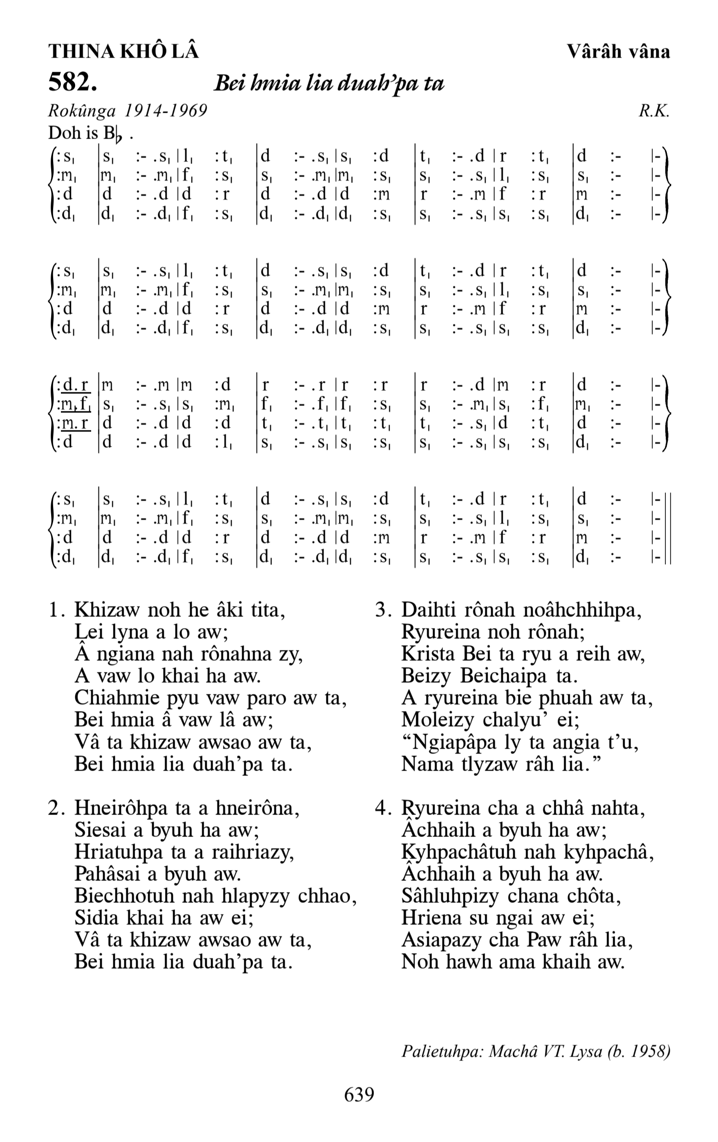 Hymn 582, “Bei hmia lia duah'pa ta”, Edition 13