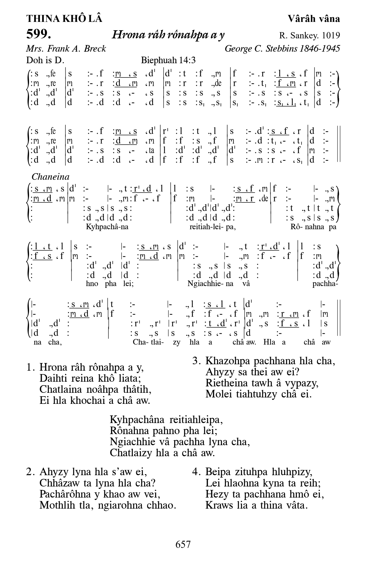 Hymn 599, “Hrona râh rônahpa a y”, Edition 13