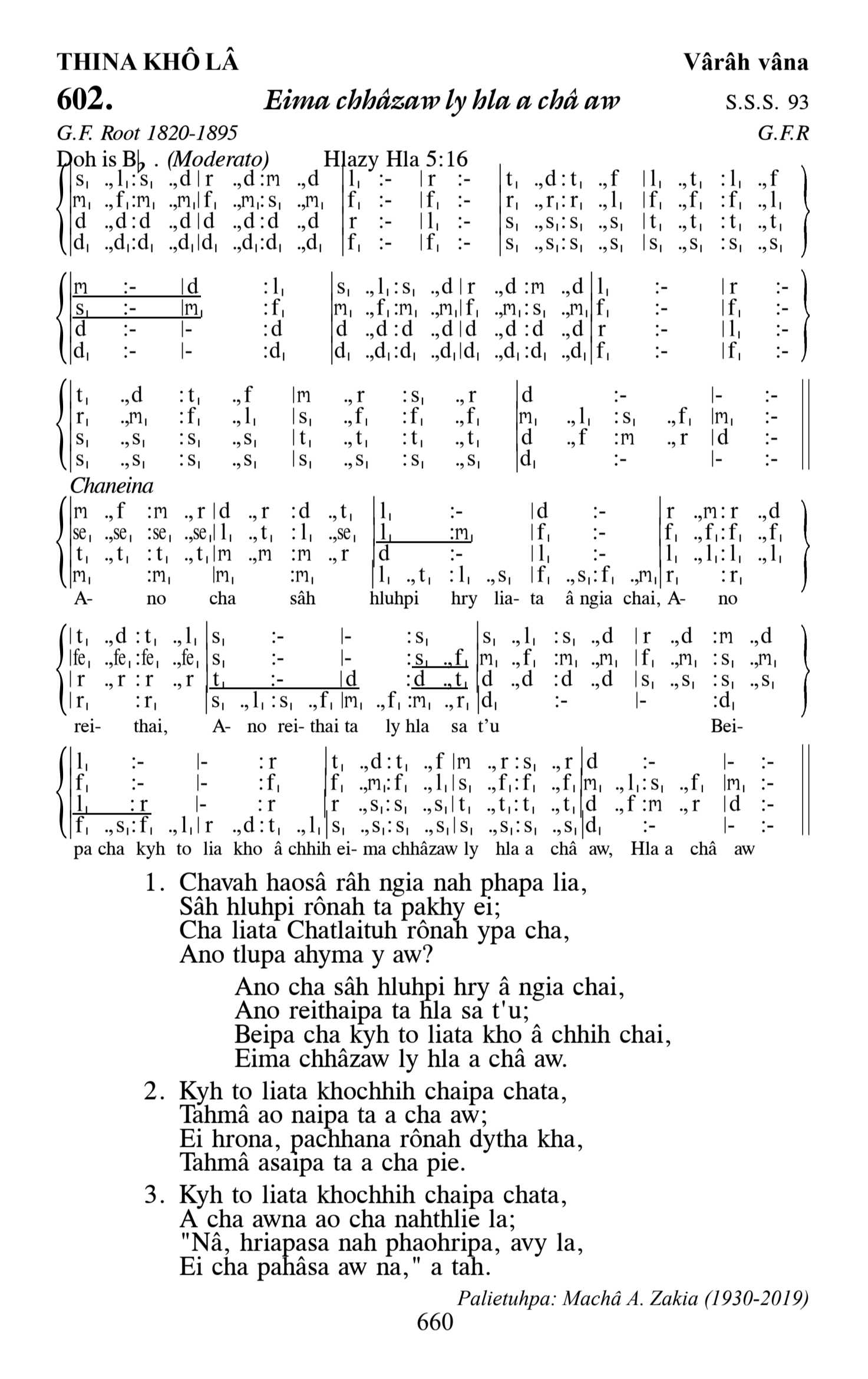 Hymn 602, “Eima chhâzaw ly hla a châ aw”, Edition 13