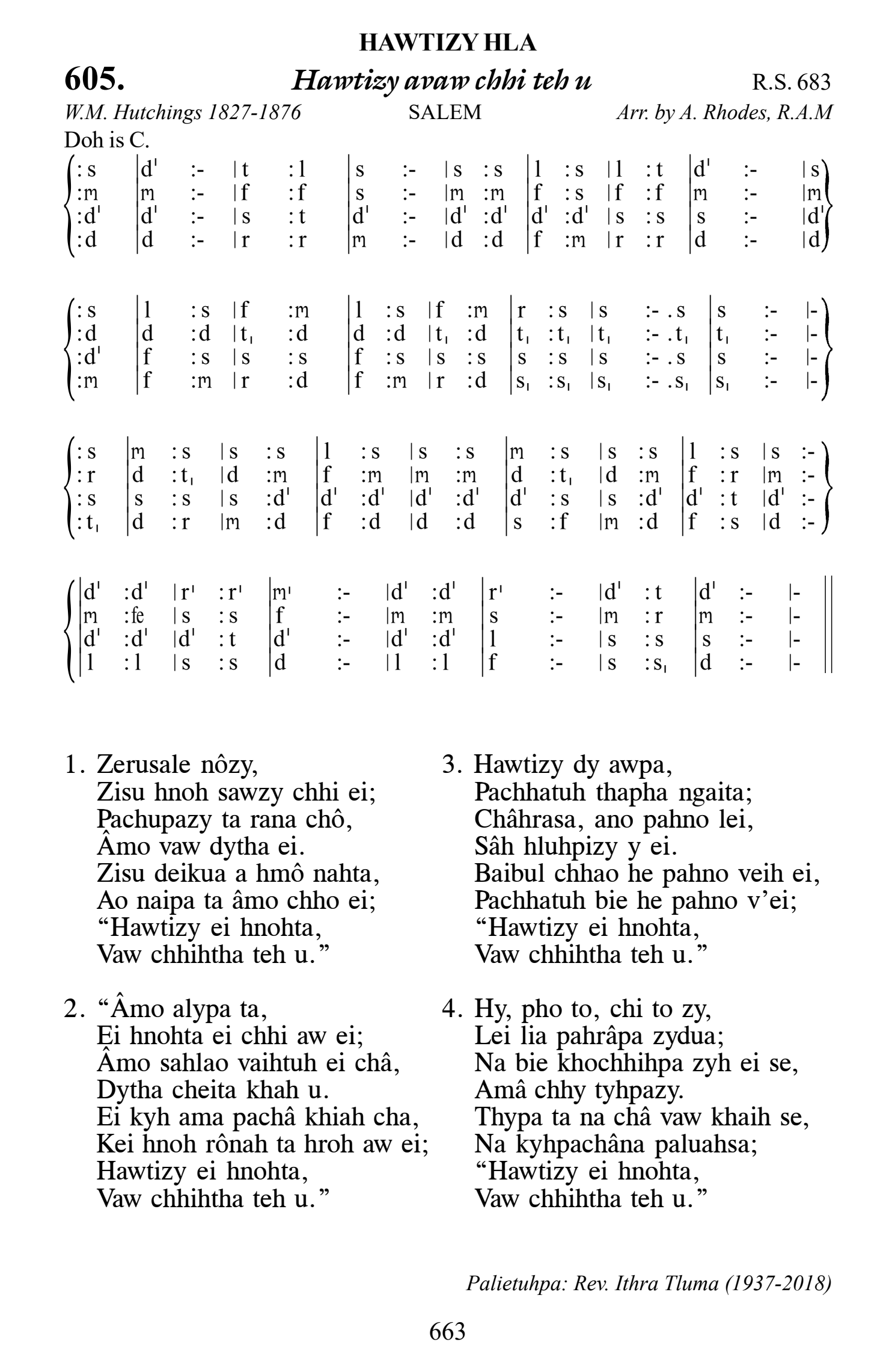 Hymn 605, “Hawtizy avaw chhi teh u”, Edition 13