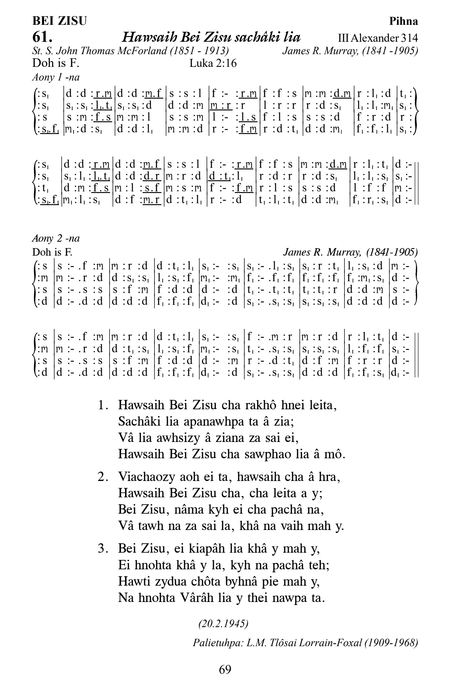 Hymn 61, “Hawsaih Bei Zisu sachâki lia”, Edition 13
