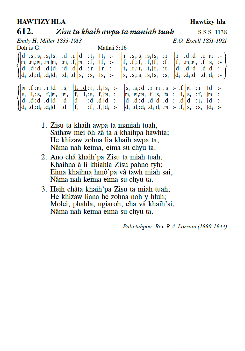 Hymn 612, “Zisu ta khaih awpa ta maniah tuah”, Edition 13