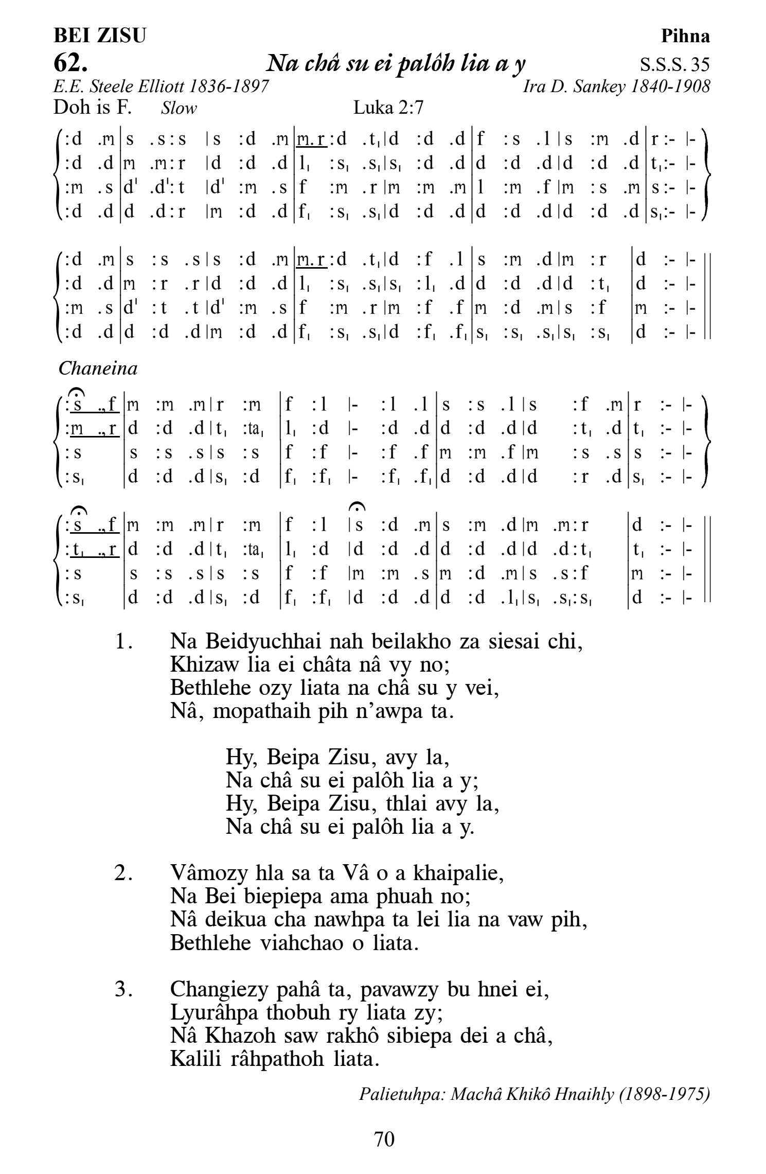 Hymn 62, “Na châ su ei palôh lia a y”, Edition 13