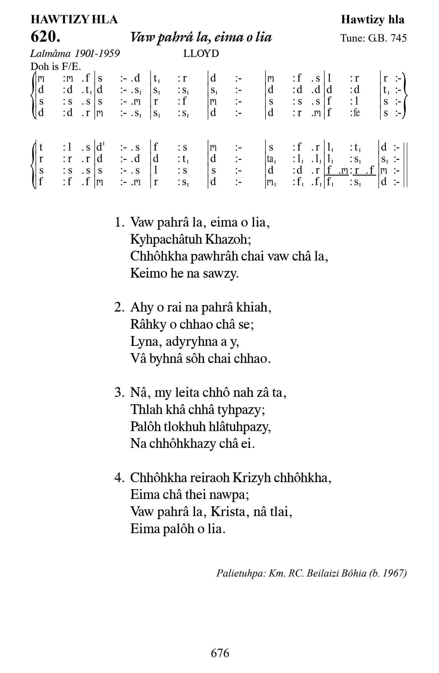 Hymn 620, “Vaw pahrâ la, eima o lia”, Edition 13