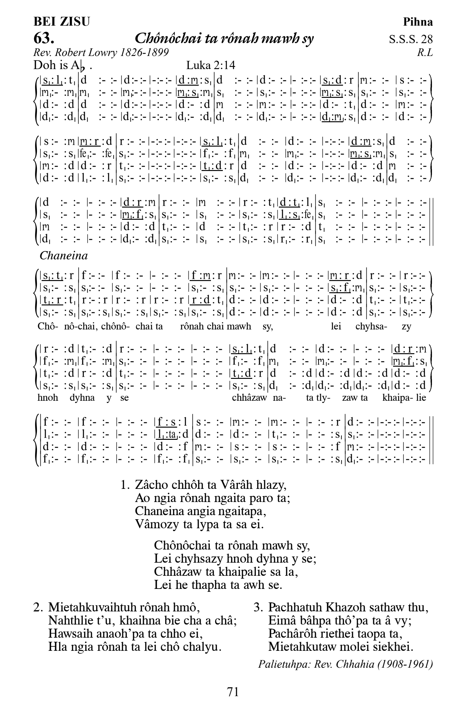 Hymn 63, “Chônôchai ta rônah mawh sy”, Edition 13