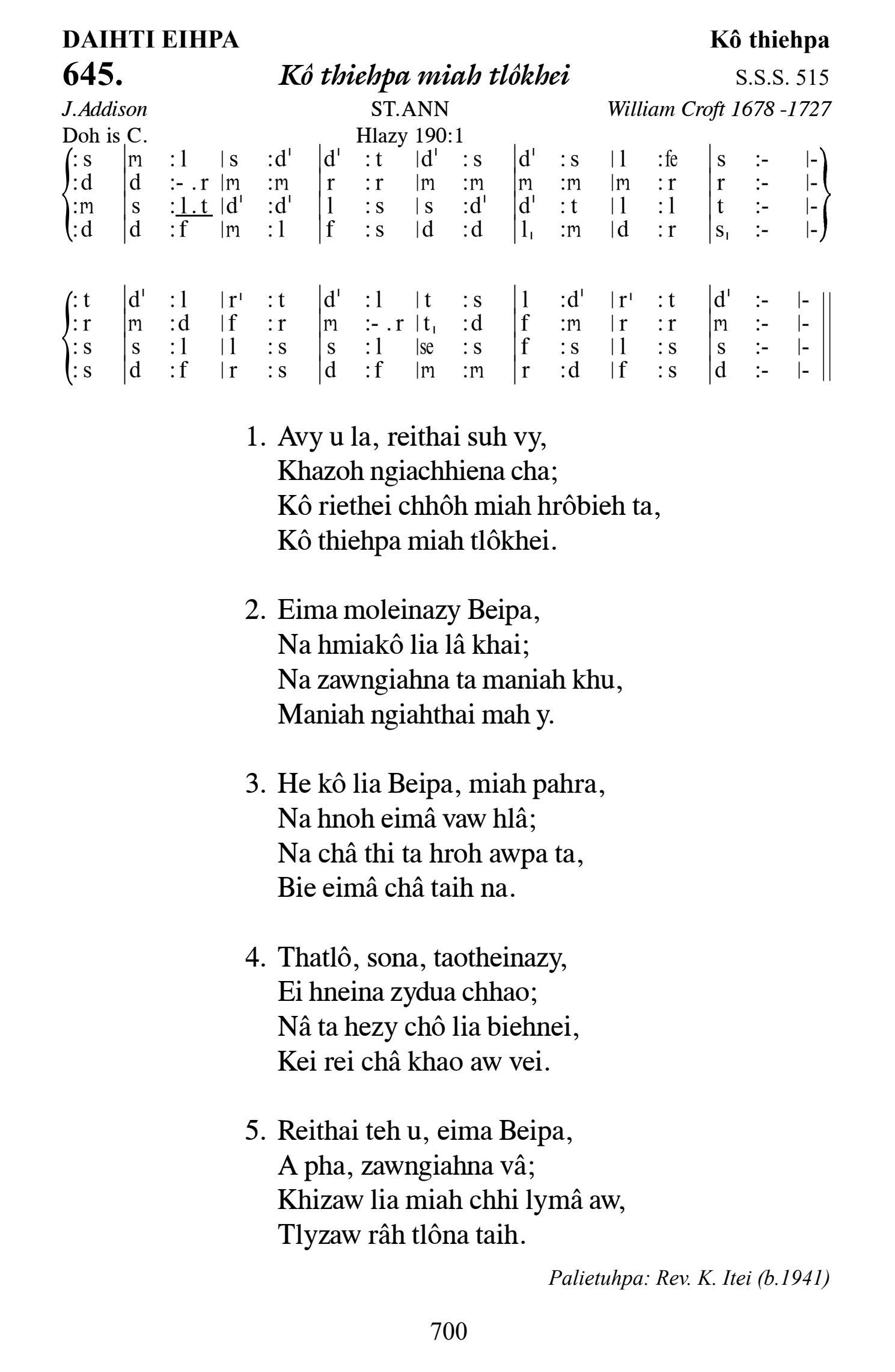 Hymn 645, “Kô thiehpa miah tlôkhei”, Edition 13