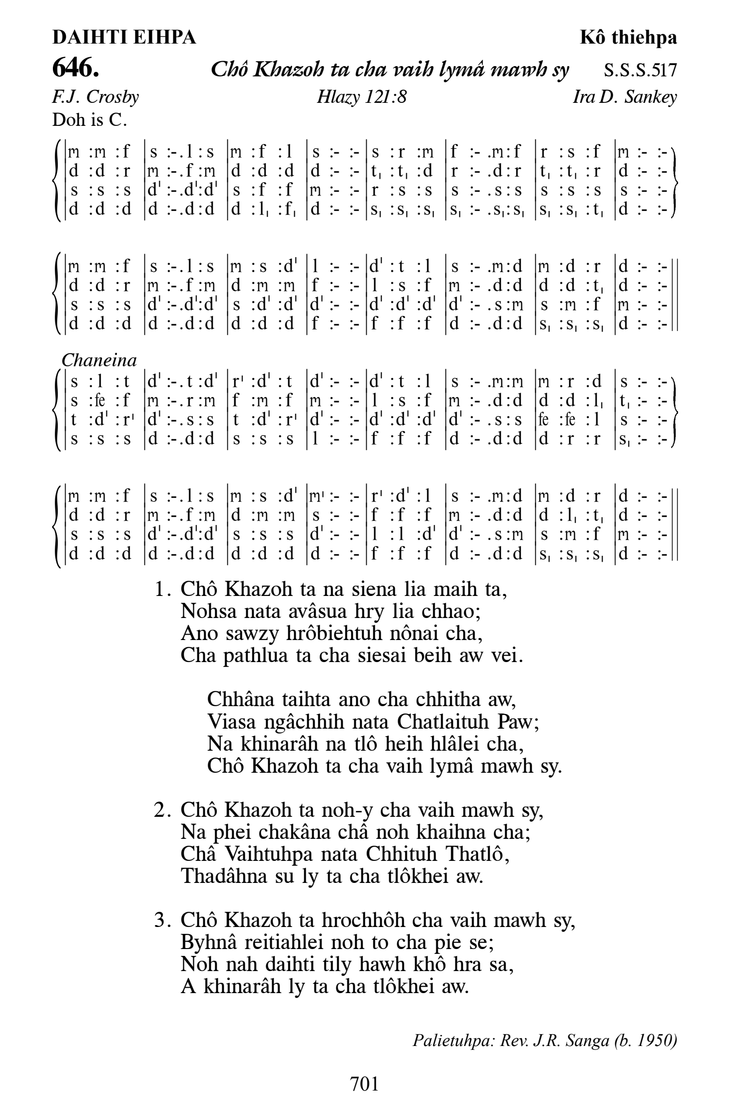 Hymn 646, “Chô Khazoh ta cha vaih lymâ mawh sy”, Edition 13
