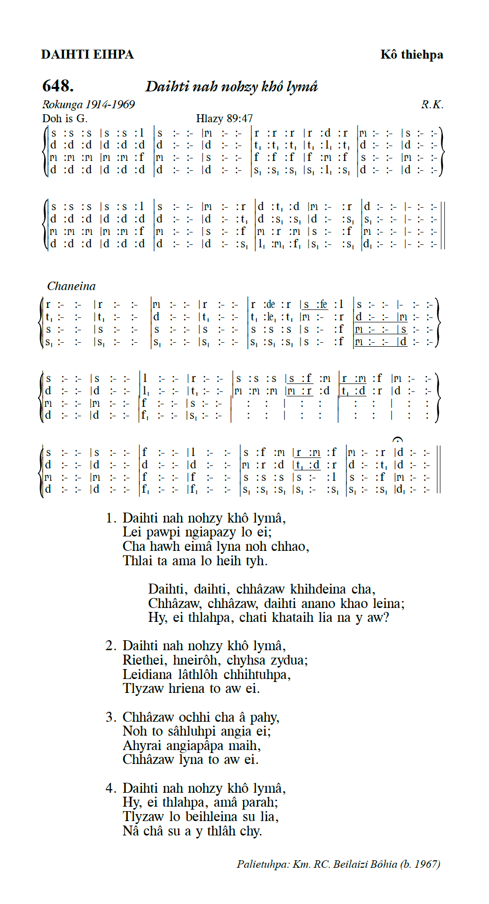 Hymn 648, “Daihti nah nohzy khô lymâ”, Edition 13