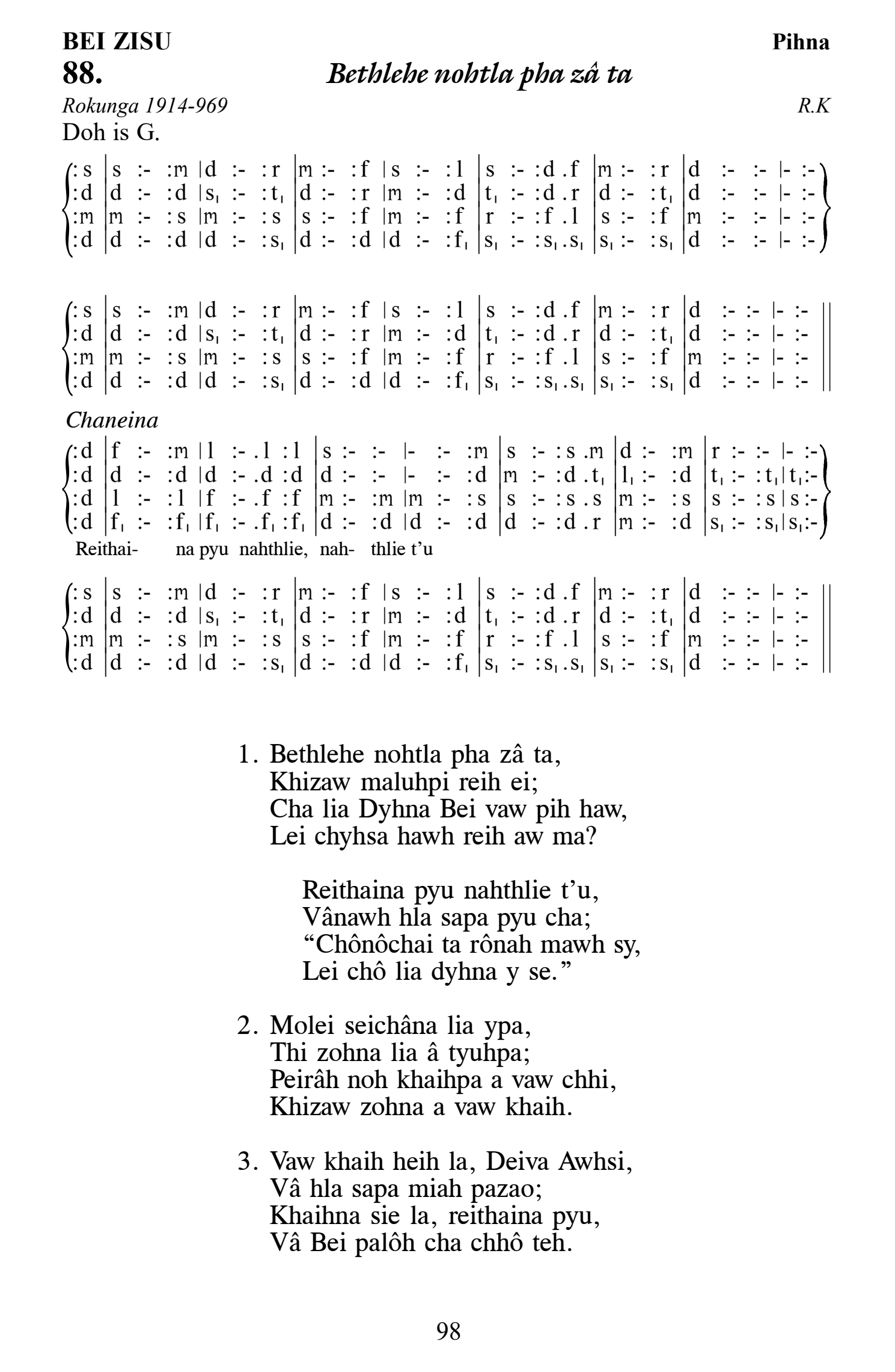 Hymn 88, “Bethlehe nohtla pha zâ ta”, Edition 13