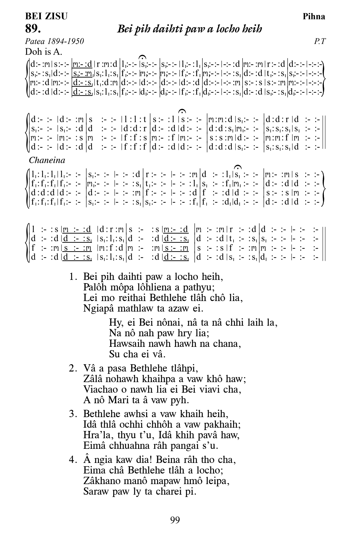 Hymn 89, “Bei pih daihti paw a locho heih”, Edition 13