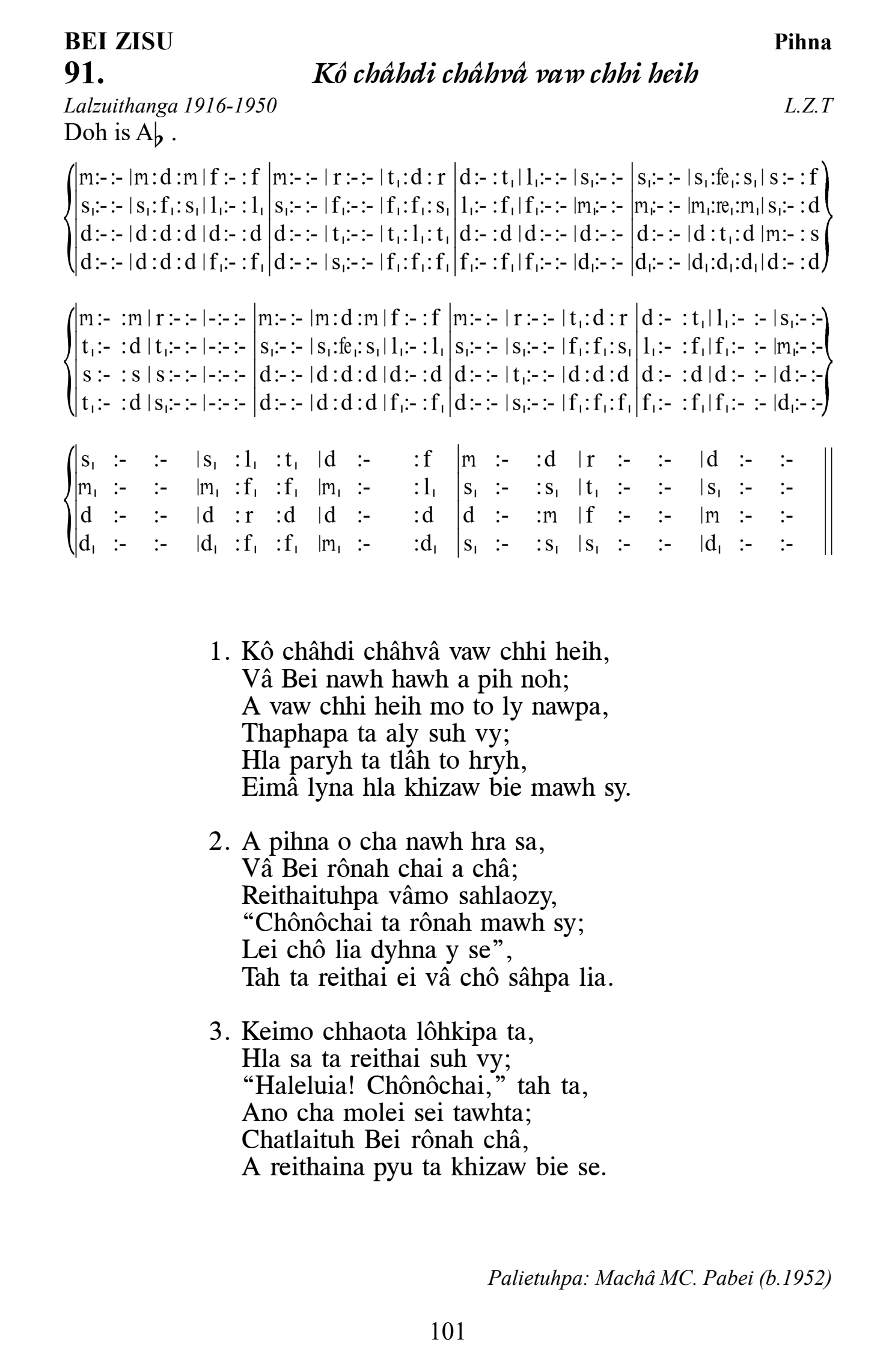 Hymn 91, “Kô châhdi châhvâ vaw chhi heih”, Edition 13