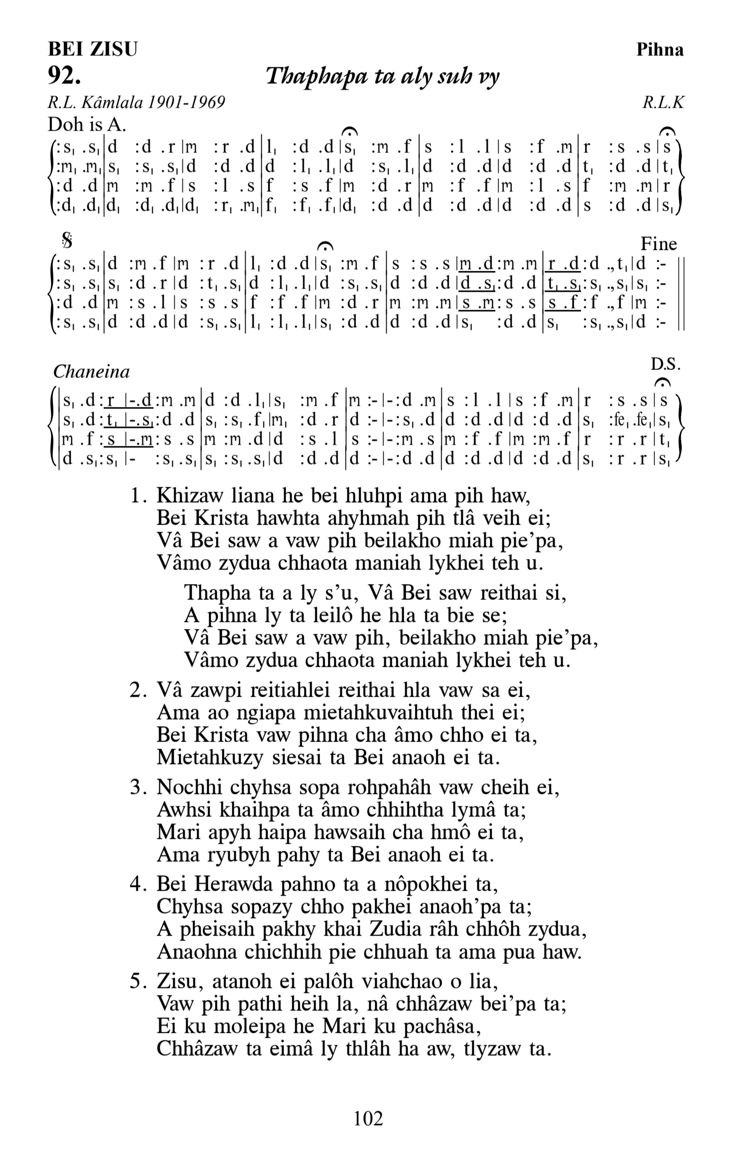 Hymn 92, “Thaphapa ta aly suh vy”, Edition 13